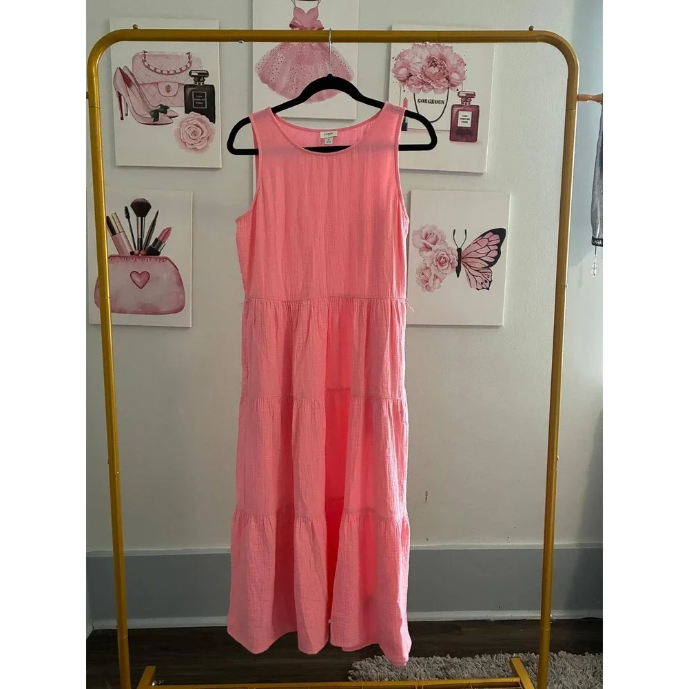 J.Crew Pink Textured Cotton Gauze Tiered Midi Dress with‎ Belt Size 6